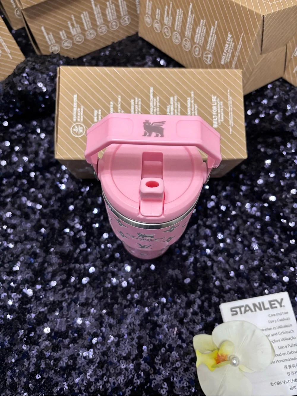 Pink Travel Tumbler with Fold Handle and Silver Accents